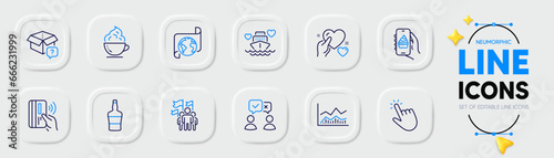 Cursor, Trade infochart and Leadership line icons for web app. Pack of Hold heart, Scotch bottle, Honeymoon cruise pictogram icons. Contactless payment, Secret package, Food app signs. Vector