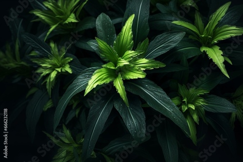 Close-up of lush plant on dark backdrop. Generative AI