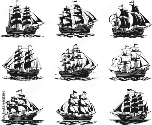 Sailing ships silhouettes. Old sail boats black on white, vintage pirates frigate schooner brigantine retro sailboats isolated vector illustration