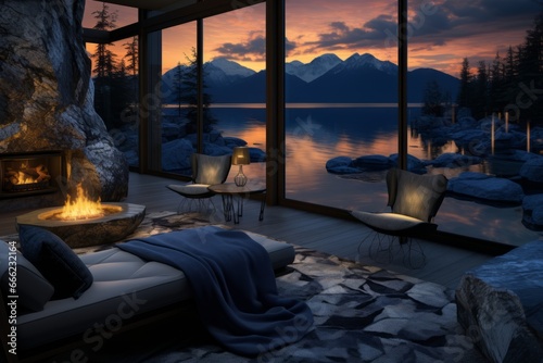 Living room with panoramic window of a cozy luxury bedroom overlooking the mountain lake at sunset.