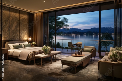 Cozy Bedroom with Panoramic Window, Lake View at Sunset, Luxury and Serenity Combined © Viktor