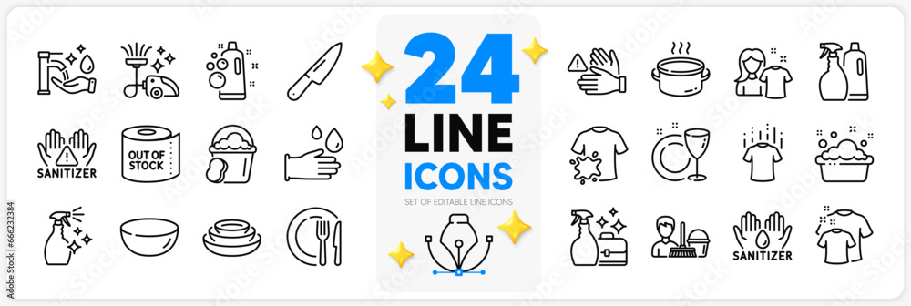 Icons set of Sponge, Shampoo and spray and Toilet paper line icons pack for app with Clean shirt, Washing hands, Cleanser spray thin outline icon. Washing cleanser, Clean hands. Vector