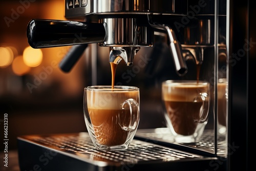 A professional coffee machine making espresso in a cafe, close-up view photo
