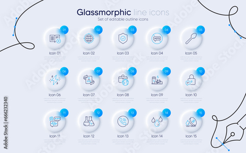 Set of Spoon, Fuel price and Chemistry lab line icons for web app. Lock, Technical algorithm, Call center icons. Reject book, Security shield, Waterproof signs. Electric bike. Vector