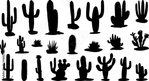 Black cactus silhouettes big set. Desert plants isolated icons, cacti flat collection. Vector decorative planting elements
