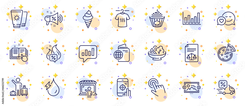 Outline set of Column chart, Salad and Hot offer line icons for web app. Include Travel passport, Image carousel, Analytical chat pictogram icons. Cursor, Dating, Legal documents signs. Vector