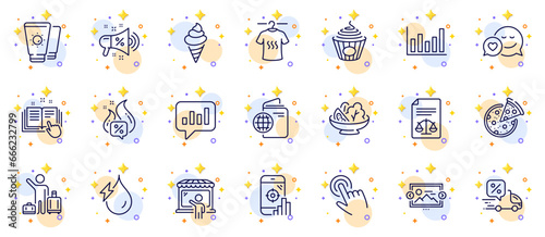 Outline set of Column chart, Salad and Hot offer line icons for web app. Include Travel passport, Image carousel, Analytical chat pictogram icons. Cursor, Dating, Legal documents signs. Vector