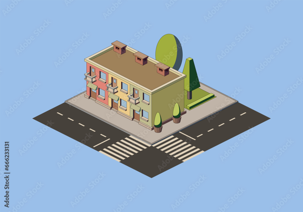 Isometric building with road and trees. Vector illustration.