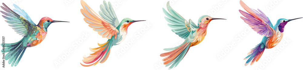 Cute abstract hummingbirds. Isolated hummingbird flying, cartoon pastel colors exotic birds with wings and plumage, vector characters