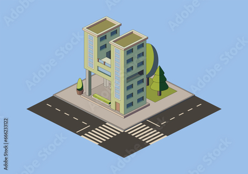 Isometric building with road and trees. Vector illustration.