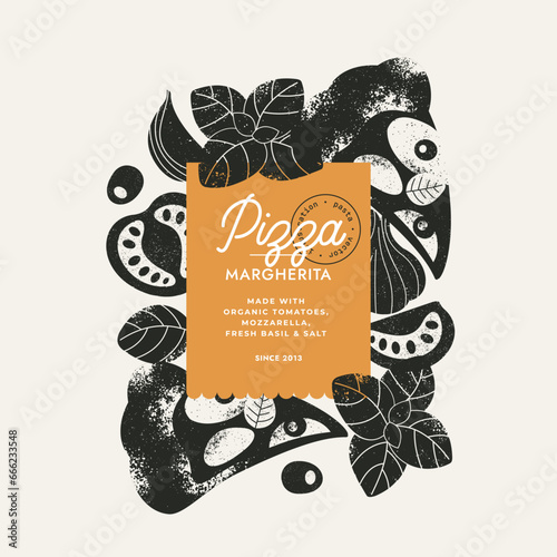Italian pizza design template. Pizza Margherita with tomatoes and basilic. 