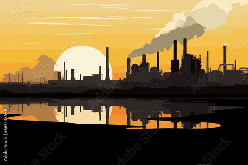 Oil or gas factory, industrial buildings panorama and dirty air. Industry in city, environmental pollution and ecology problem, vector landscape