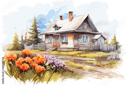 Rural house with flowers. Watercolor sketch style illustration, old village home exterior and blooming nature around. Decorative vector springtime postcard