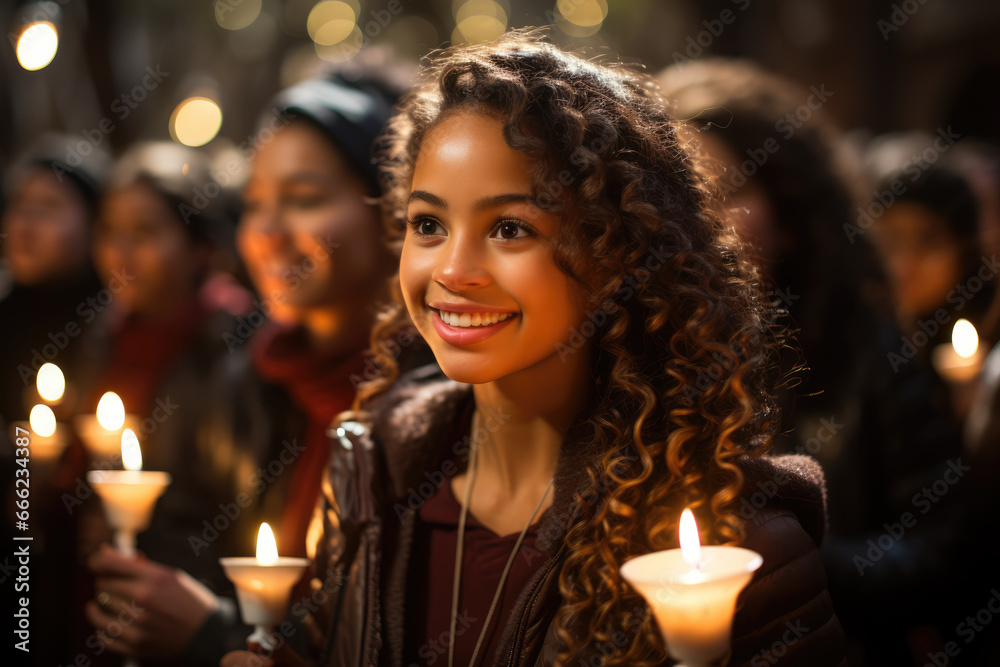 A traditional Las Posadas procession, with participants carrying candles and singing Christmas carols, symbolizing the search for lodging. Generative Ai.