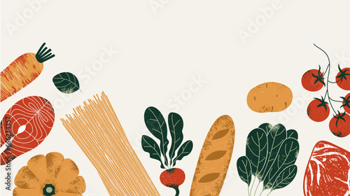 Various healthy food composition. Keto food. Salmon with spinach and tomato with meat and bread. Vector illustration
