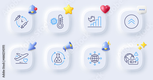 Chemistry experiment, International globe and Medical flight line icons. Buttons with 3d bell, chat speech, cursor. Pack of Vaccination schedule, Thermometer, Growth chart icon. Vector
