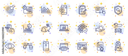 Outline set of Animal tested, Quick tips and Vaccine report line icons for web app. Include 5g internet, Vaccination, Sunny weather pictogram icons. Targeting, Report timer, Coronavirus signs. Vector