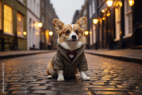 welsh corgi Pembroke dog in the street dressed as stylish British gentleman