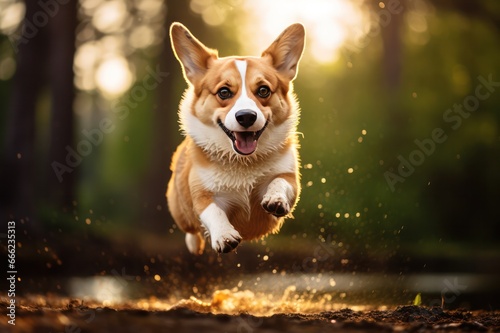 funny smiling welsh corgi pembroke dog running in the forest in a puddle