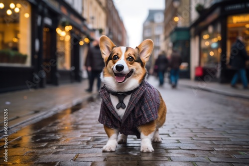 welsh corgi Pembroke dog in the street dressed as stylish British  gentleman photo
