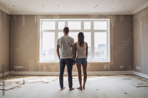 couple from behind standing in their new apartment after moving. Buying house, mortgage, investing, renovating real estate concept.