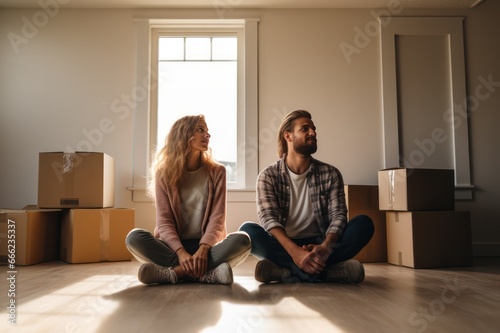 couple moving into new home sitting on the floor near cardboard boxes. Buying house, mortgage, investing, renovating real estate concept.