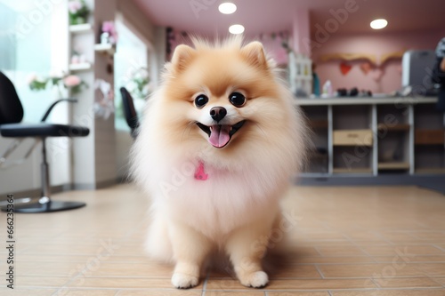 beautiful spitz dog in grooming salon with pink accessories just groomed