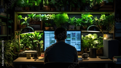 Productivity and Nature: A Man's Home Office Surrounded by Green Plants, Generative AI © BPawesome