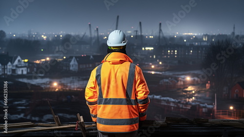 Ensuring Construction Safety: Engineer Overlooking the Build Site After Dark, Generative AI