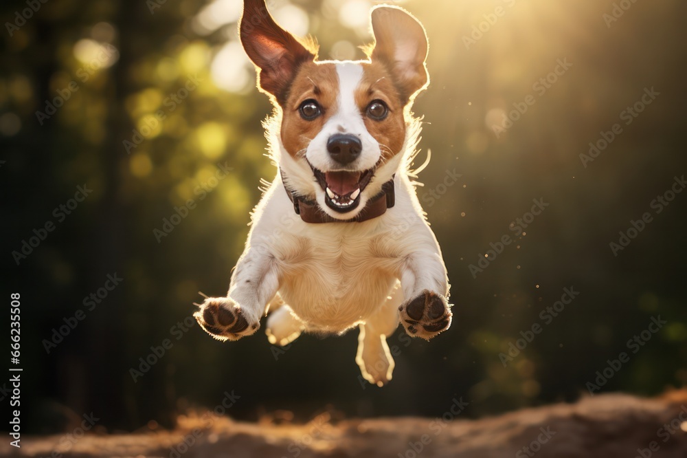 brown white jack Russel terrier jumping in the air in autumn park. Dog goods store, veterinary clinic, grooming service poster ad. - obrazy, fototapety, plakaty 