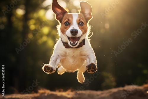 brown white jack Russel terrier jumping in the air in autumn park. Dog goods store, veterinary clinic, grooming service poster ad.
