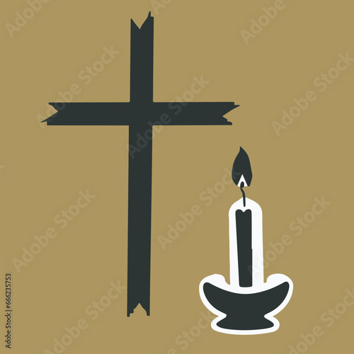 Burning candle and cross - Christian Saints' Day,  Vector candle and cross design,  Holy Spirit, Religious. Line art.