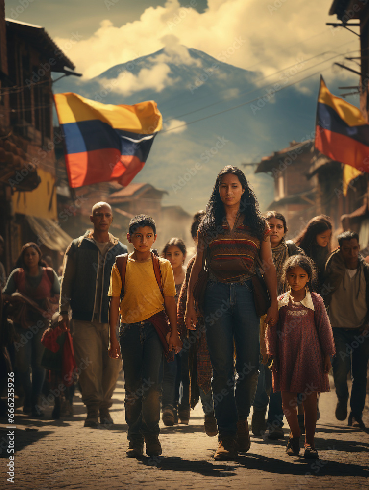 march of Colombia, flags in the background - obrazy, fototapety, plakaty 