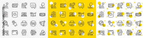 Outline Smile face, Image carousel and Printer line icons pack for web with Cursor, Internet warning, Fake news line icon. Wallet, Seo stats, Inflation pictogram icon. Fingerprint. Vector