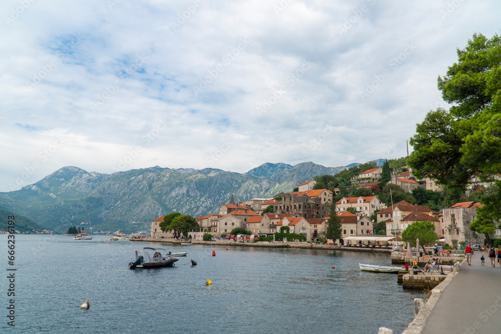 View of Perast town, a popular resort place in Kotor bay on Adriatic sea, Montenegro 
