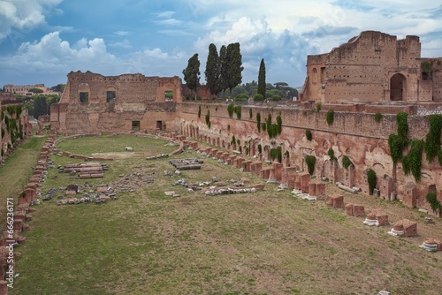 Palatine Stadium (Stadio palatino) part of the Palace of Domitian (Palazzo di Domiziano) of the Palatine Hill, within the archaeological park of the Colosseum, Rome, Italy photo