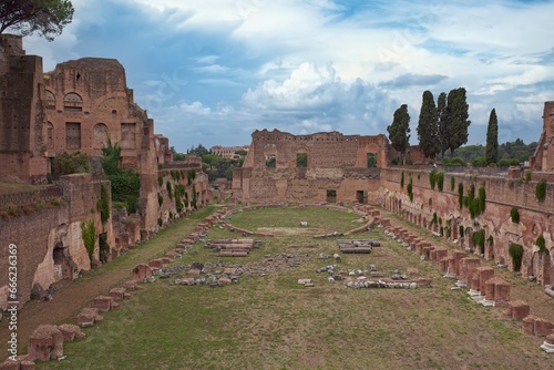 Palatine Stadium (Stadio palatino) part of the Palace of Domitian (Palazzo di Domiziano) of the Palatine Hill, within the archaeological park of the Colosseum, Rome, Italy