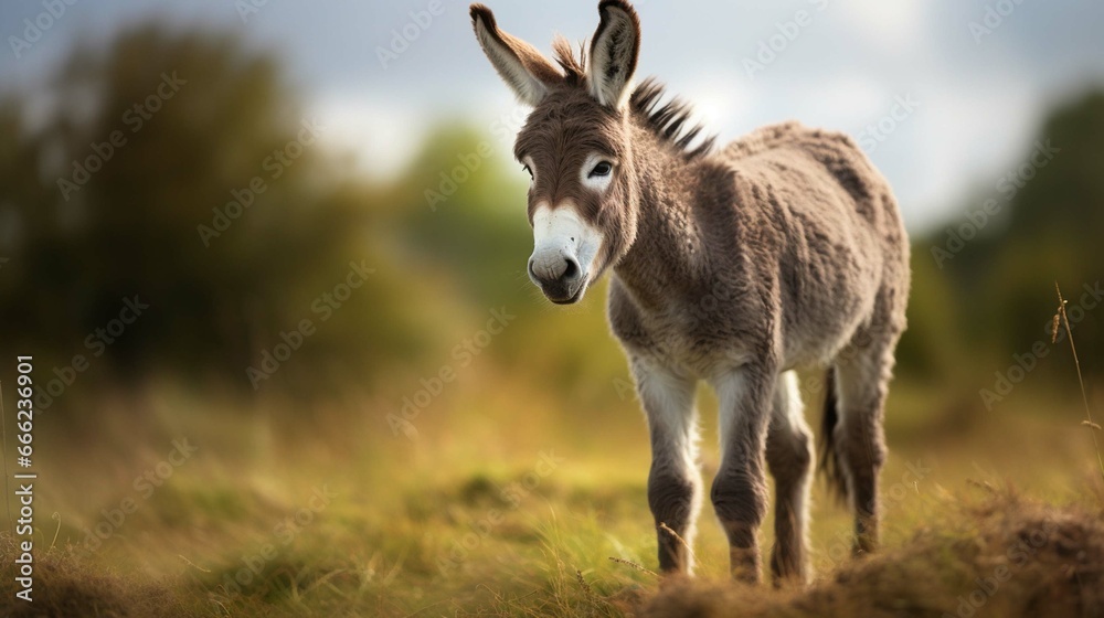 Donkey standing on a field with a blurred background 