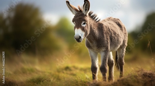 Donkey standing on a field with a blurred background  © Areesha