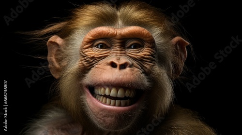 Funny Portrait of Smiling Barbary Macaque Monkey, showing teeth Isolated on Black Background  photo
