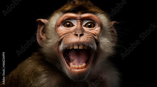 Funny Portrait of Smiling Barbary Macaque Monkey, showing teeth Isolated on Black Background  photo