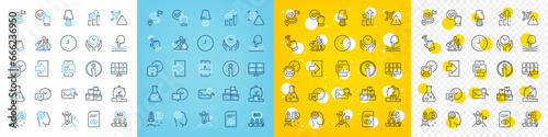 Vector icons set of Chemistry lab, Checkbox and Journey line icons pack for web with Online auction, Table lamp, Timer outline icon. Ranking stars, Safe time, Cursor pictogram. Metro. Vector