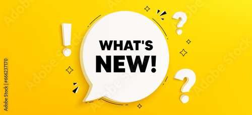 Whats new tag. Chat speech bubble banner with questions. Special offer sign. New arrivals symbol. Whats new speech bubble message. Quiz chat box. Vector