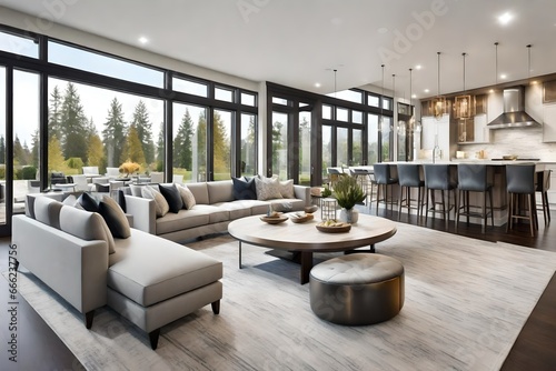A Beautiful living room interior in new luxury home with open concept floor plan. Shows kitchen  dining room  and wall of windows with amazing exterior