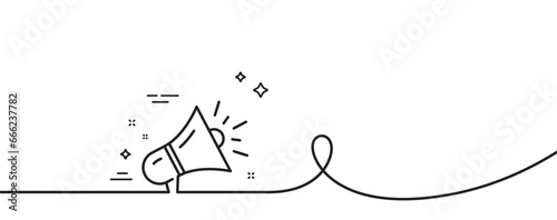 Megaphone line icon. Continuous one line with curl. Advertisement device symbol. Brand ambassador loudspeaker sign. Megaphone single outline ribbon. Loop curve pattern. Vector