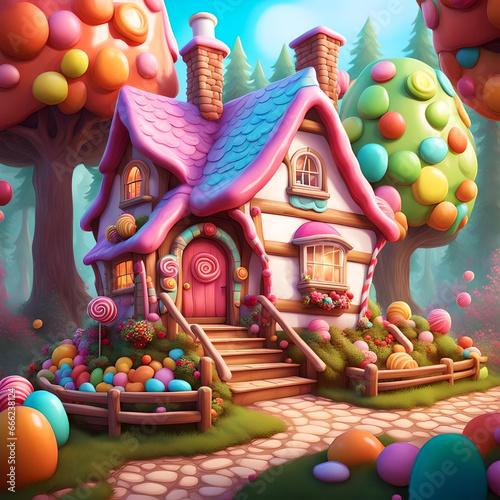 A Hansel and Gretel witch's candy cottage in the forest.