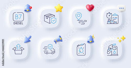 Place, Send box and Transport insurance line icons. Buttons with 3d bell, chat speech, cursor. Pack of Parcel insurance, Delivery report, Petrol station icon. Diesel, Canister pictogram. Vector