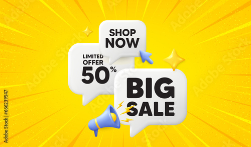 Big Sale tag. 3d offer chat speech bubbles. Special offer price sign. Advertising Discounts symbol. Big sale speech bubble 3d message. Talk box megaphone banner. Vector