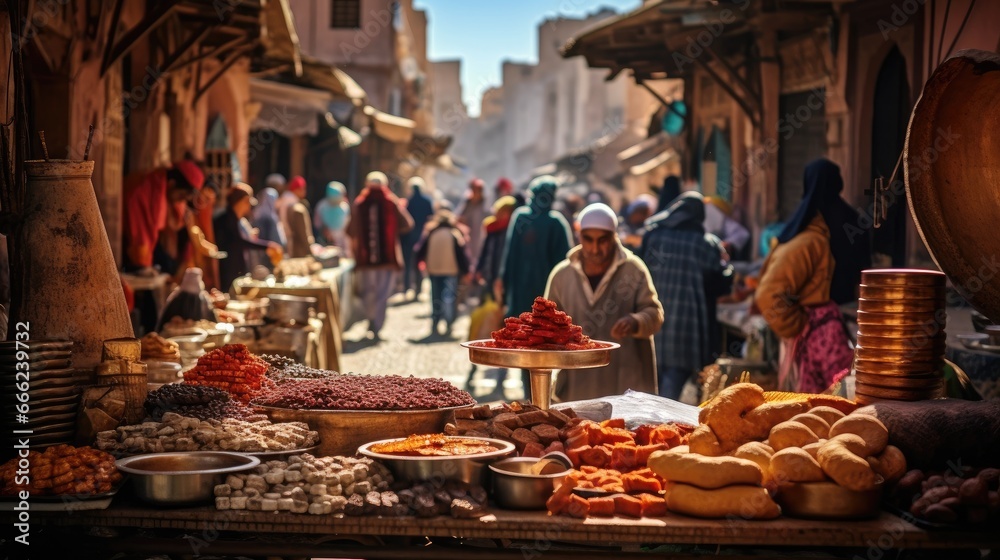 A bustling marketplace in Morocco, filled with vibrant textiles, spices, and crafts that embody the essence of Moroccan culture. Generative AI
