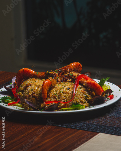 Paella española o arroz con mariscos photo